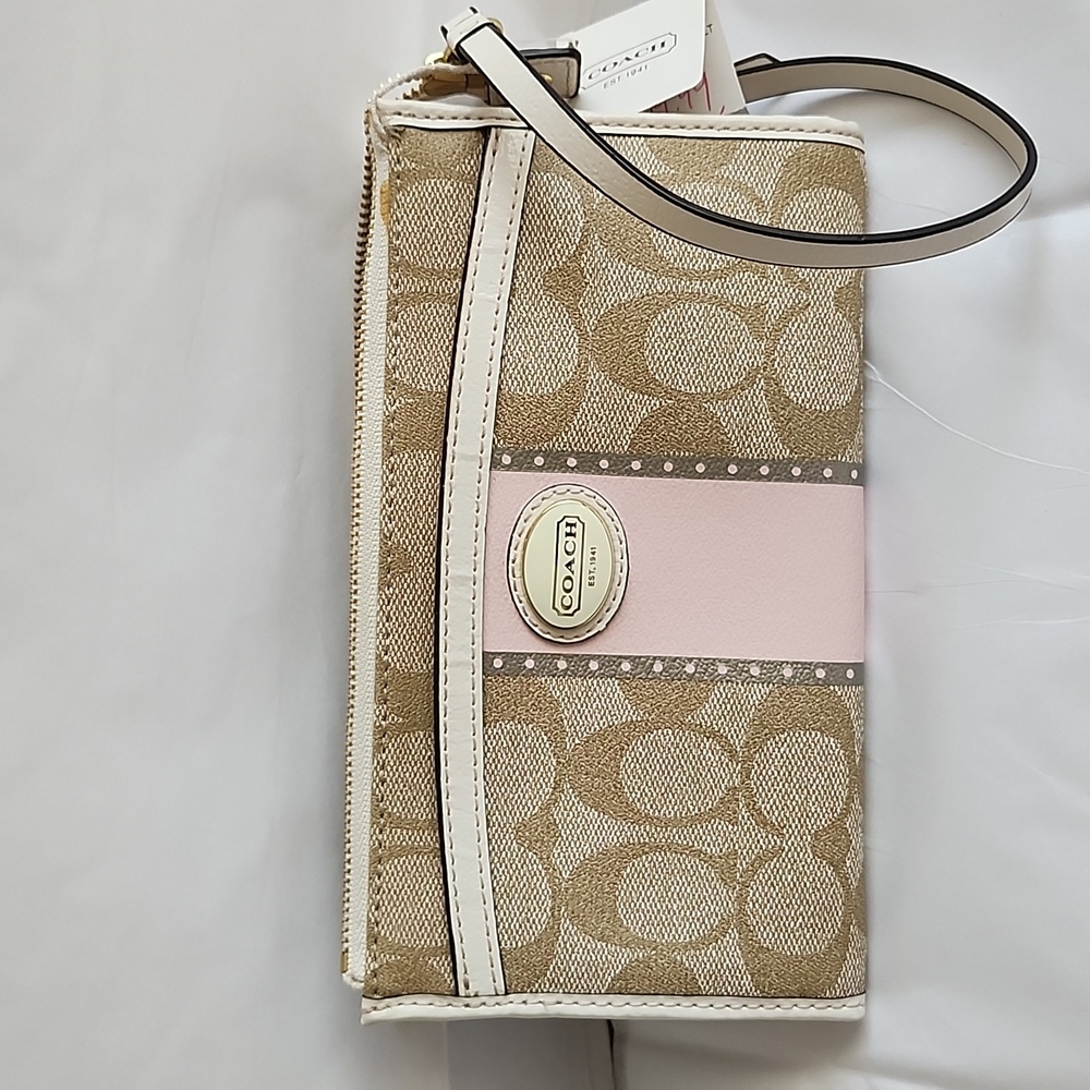 NWT COACH Signature Logo Canvas Zip Top Wallet Wristlet